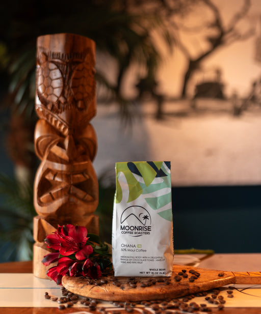Ohana Blend Hawaiian Moonrise Coffee Roasters package on a wooden surface.